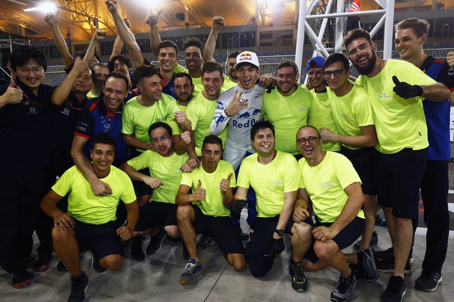 Pierre Gasly celebrates fourth place with the team