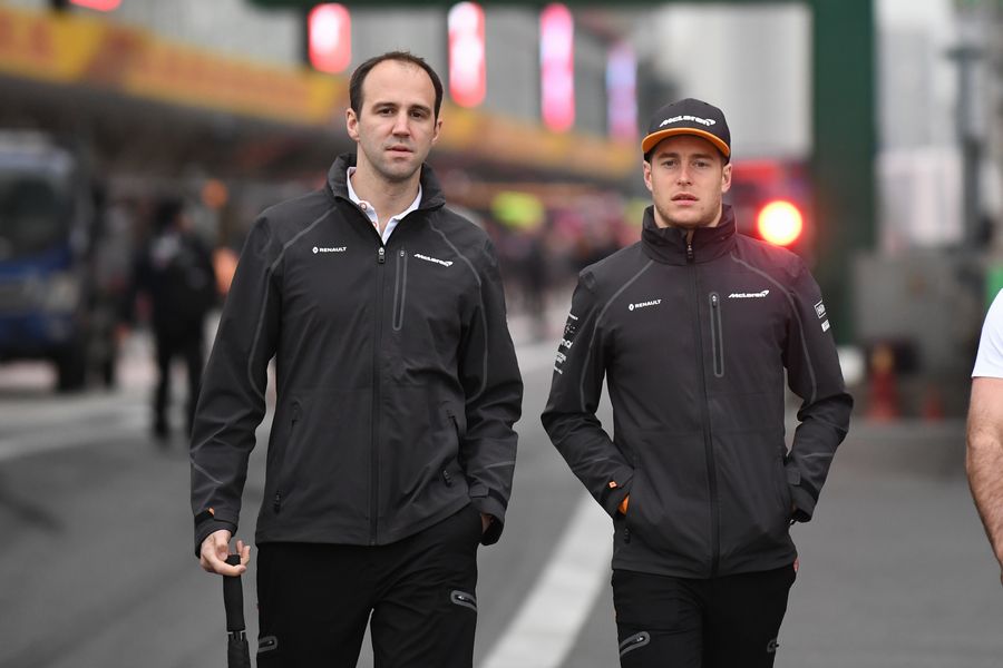 Stoffel Vandoorne walks the track with Tom Stallard