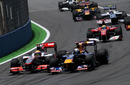 Lewis Hamilton challenges Sebastian Vettel at the start