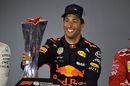 Race winner Daniel Ricciardo with the trophy in the Press Conference