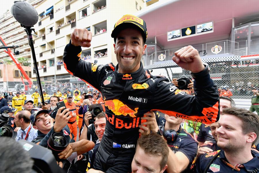 Race winner Daniel Ricciardo celebrates in parc ferme
