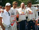Nico Rosberg, Jenson Button, Adrian Newey and Mark Webber pose for photos