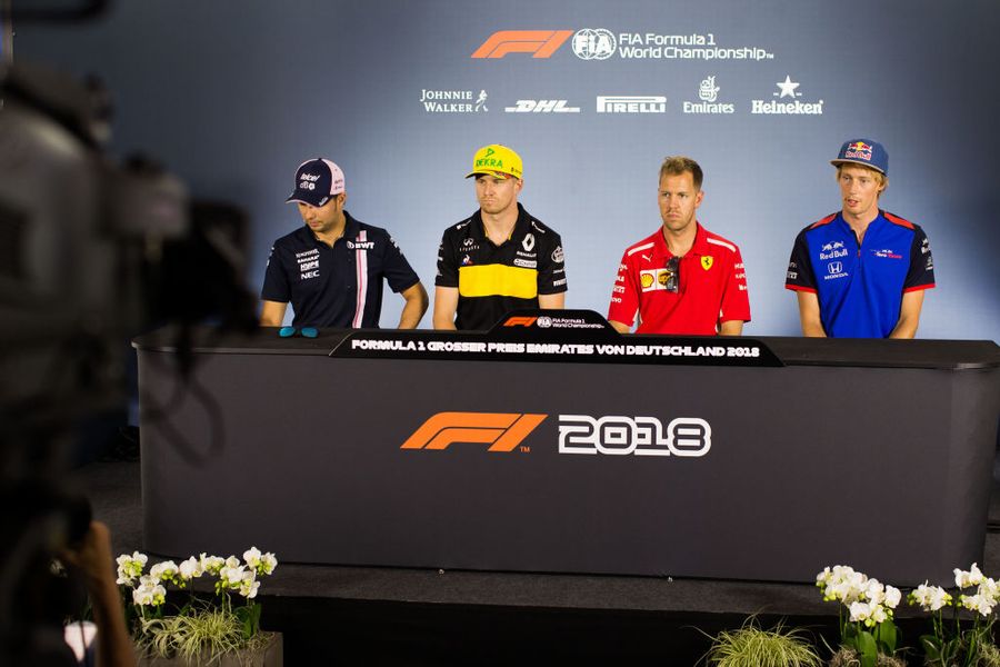 Sergio Perez, Nico Hulkenberg, Sebastian Vettel and Brendon Hartley in the Press Conference