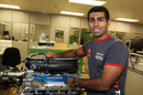 Karun Chandhok with his Cosworth engine for the weekend, named 'Rachel'