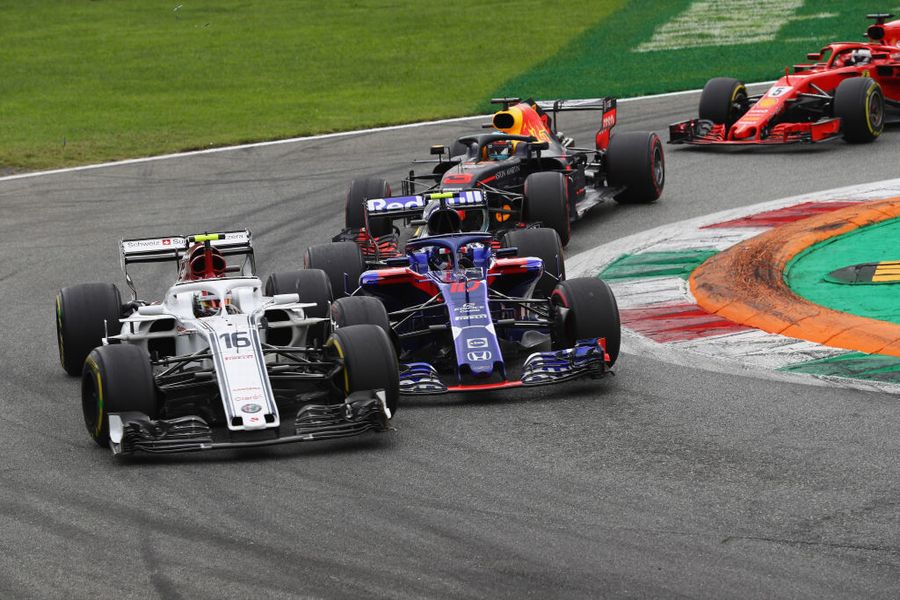 Charles Leclerc and Pierre Gasly battle for position