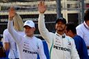 Pole sitter Valtteri Bottas and Lewis Hamilton celebrates in parc ferme