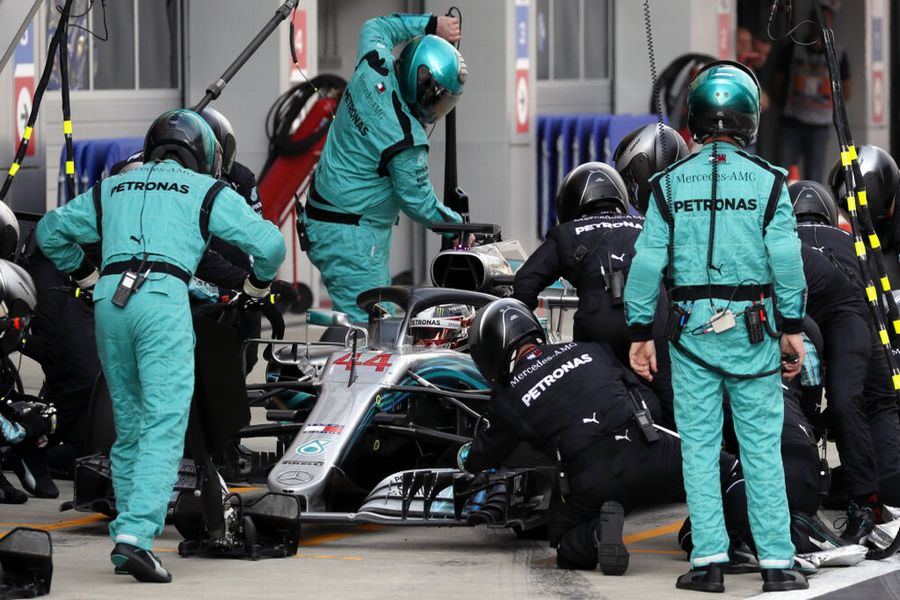 Lewis Hamilton takes a pit stop