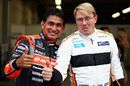 Mika Hakkinen and Aguri Suzuki prepare to take part in the Legends of F1 parade