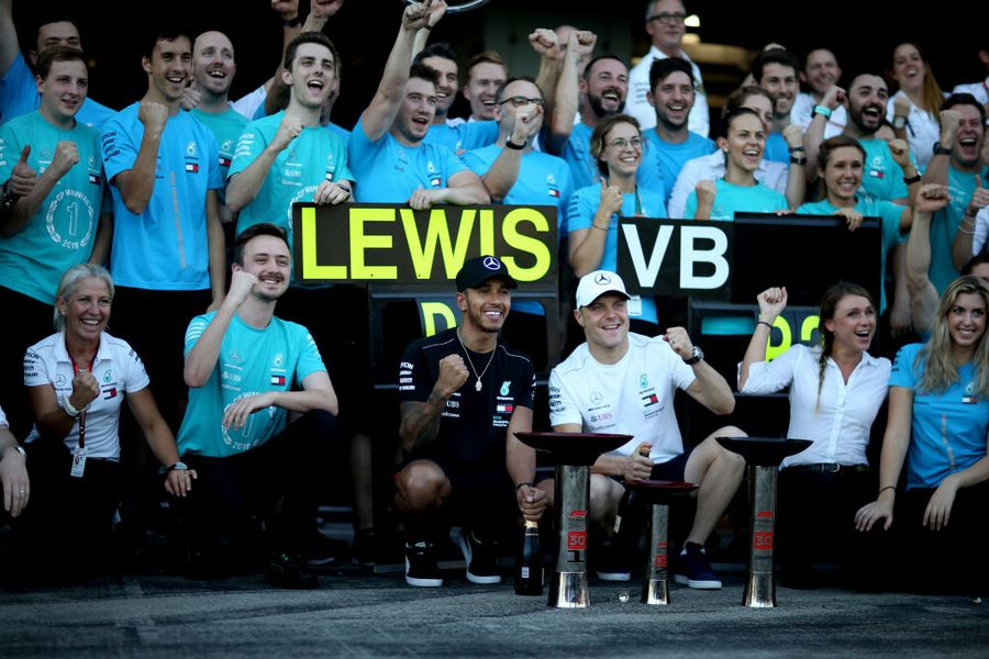 Race winner Lewis Hamilton and Valtteri Bottascelebrates with their team