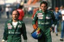 Teo Fabi (L) and his Benetton team-mate Gerhard Berger at the 1986 Italian Grand Prix