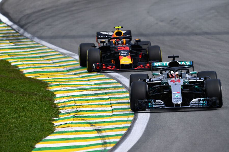 Lewis Hamilton leads Max Verstappen on track