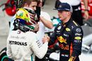 Race winner Lewis Hamilton congratulated by Max Verstappen in parc ferme