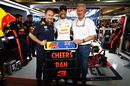 Daniel Ricciardo poses for a photo with Christian Horner and Dr Helmut Marko ahead of his final race for the Red Bull