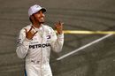 Race winner Lewis Hamilton celebrate on the pit straight