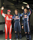 Fernando Alonso, Sebastian Vettel and a stony-faced Mark Webber