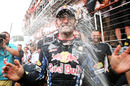 Mark Webber celebrates with his Red Bull team