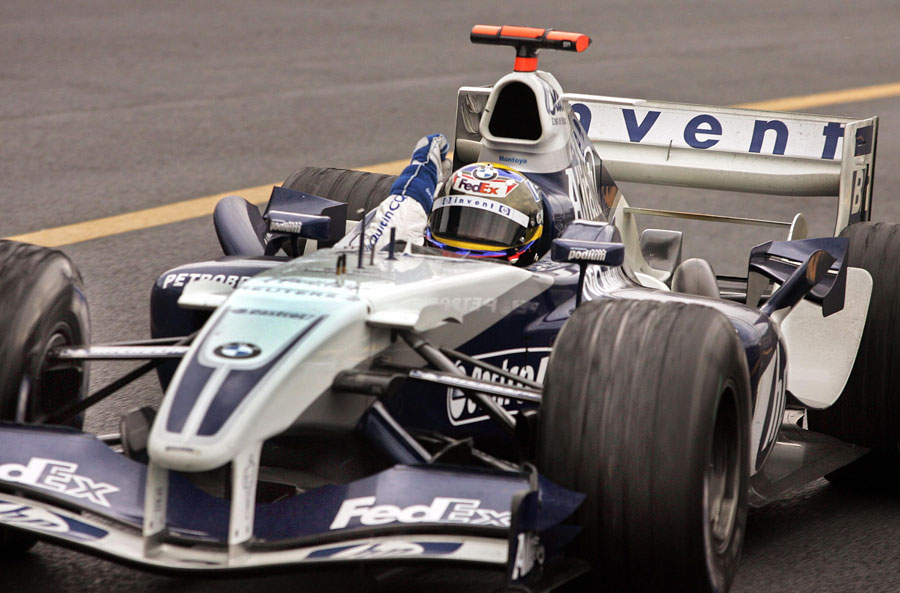 Juan Pablo Montoya crosses the line to take Williams first win of the season