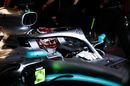 Lewis Hamilton in the cockpit of Mercedes W10
