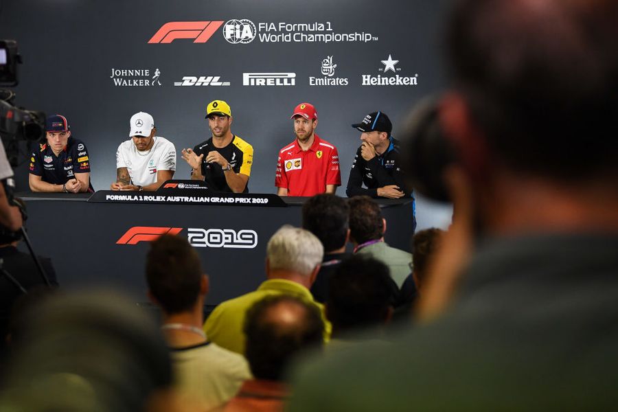 Max Verstappen, Lewis Hamilton, Daniel Ricciardo, Sebastian Vettel and Robert Kubica in the Press Conference
