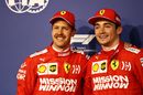 Pole sitter Charles Leclerc and Sebastian Vettel celebrates in parc ferme