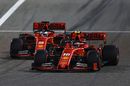 Charles Leclerc leads Sebastian Vettelon track in the Ferrari