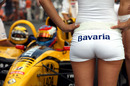A promotional girl in front of the three seat Renault at the Bavaria Moscow City Racing event
