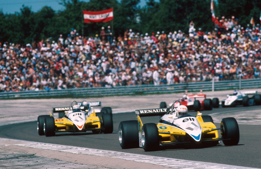 Rene Arnoux leads team mate Alain Prost on the opening lap of the Swiss GP