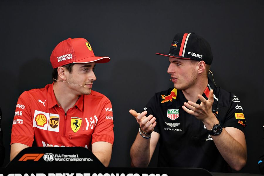 Charles Leclerc and Max Verstappen talk in the Press Conference