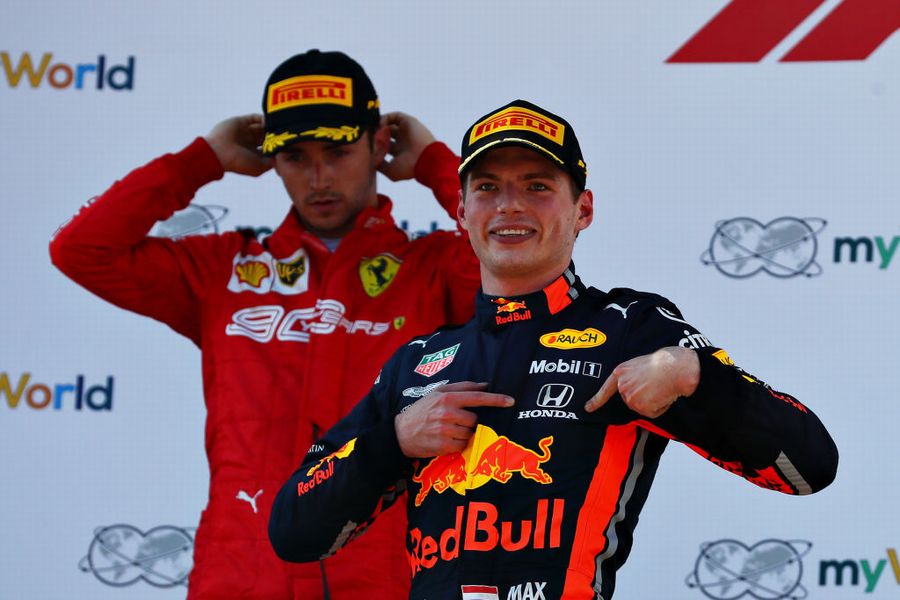 Race winner Max Verstappen celebrates on the podium