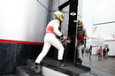 Lewis Hamilton storms back to the motorhome after crashing during free practice 1