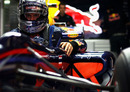 Sebastian Vettel lowers himself into his Red Bull cockpit