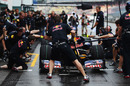 Sebastian Vettel practices a pit stop