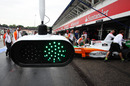 The Force India team tries out a new pit stop light system