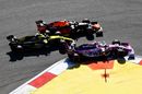 Max Verstappen, Nico Hulkenberg and Sergio Perez battle for position at the start