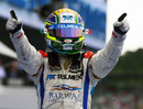Sergio Perez celebrates winning the GP2 sprint race