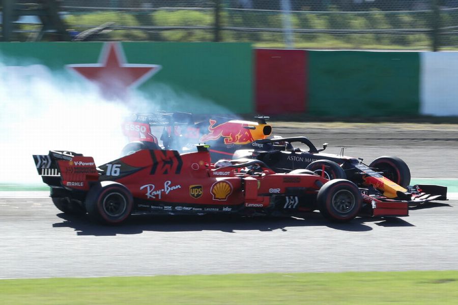 Max Verstappen collides with Charles Leclerc after the start