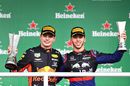 Race winner Max Verstappen and Pierre Gasly celebrate on the podium