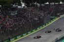 Max Verstappen leadsAlexander Albon, Pierre Gasly and Lewis Hamilton at a safety car restart