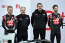 Kevin Magnussen, Gene Haas, Guenther Steiner and Romain Grosjean roll out of the Haas VF-20