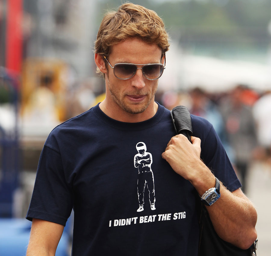 Jenson Button wears a T-shirt printed for him by Rubens Barrichello