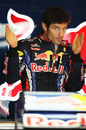 An animated Mark Webber in the Red Bull pits