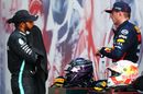 Race winner Max Verstappen and Lewis Hamilton talk in parc ferme