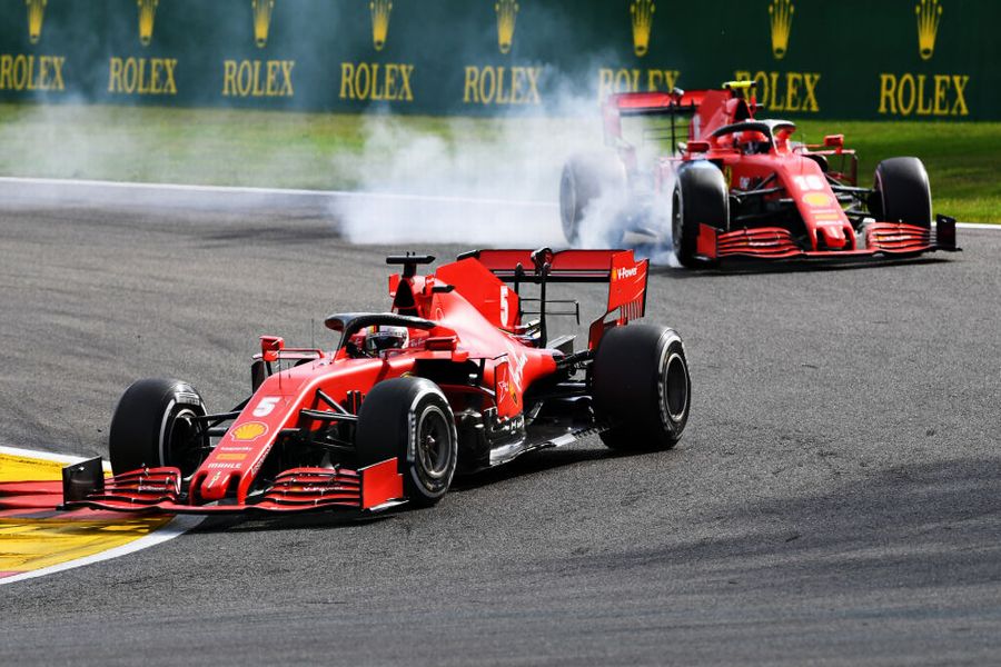 Sebastian Vettel leads Charles Leclerc locking a wheel under braking
