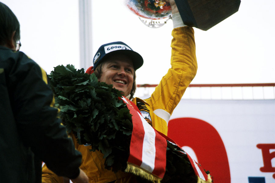 Ronnie Peterson celebrates the last of his grand prix victories in Austria