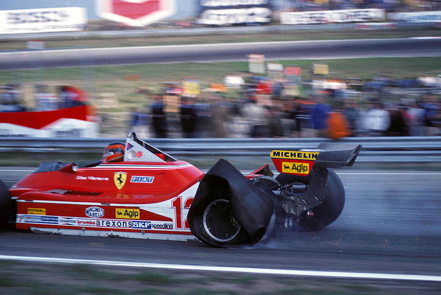 Gilles Villeneuve returns to the pits on three tyres