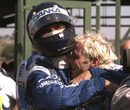 Damon Hill congratulates Jacques Villeneuve after the Hungarian Grand Prix