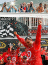 Juan Pablo Montoya celebrates victory at the NASCAR Sprint Cup Series at Watkins Glen