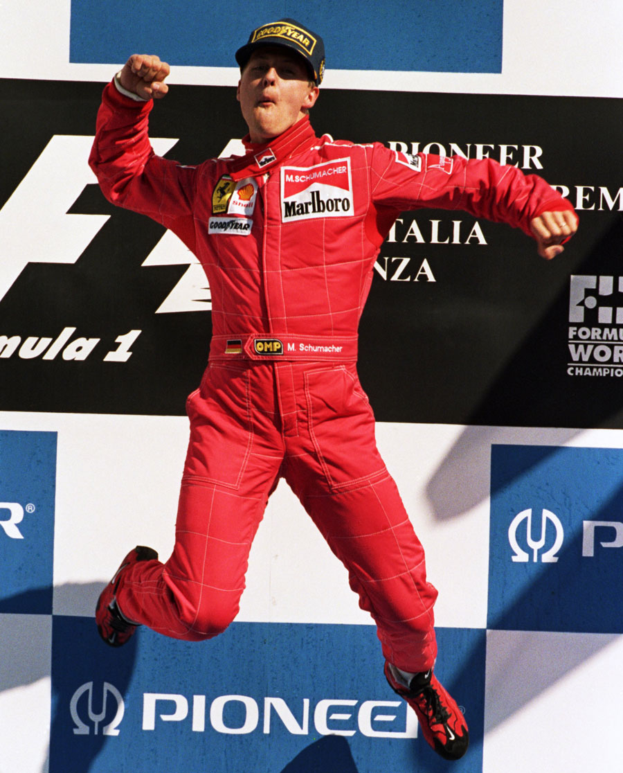 The first of many victory leaps at Monza for Michael Schumacher