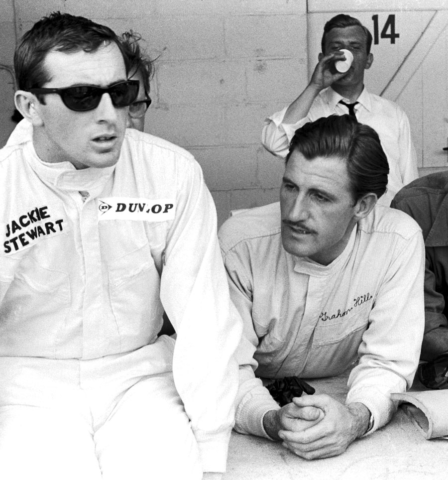 Jackie Stewart pictured with Graham Hill during the Belgian Grand Prix weekend