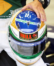 Rubens Barrichello with his commemorative helmet, celebrating his 300th grand prix
